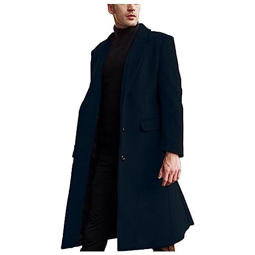 ECDAHICC uomo casual slim fit cappotto di lana giacca lunga collo tacca trench monopetto cappotto inverno caldo capispalla, blu scuro, m