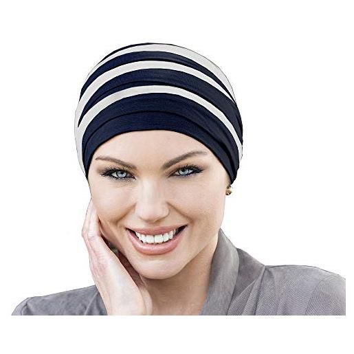 MASUMI copricapo organico chemio - cappello turbante dorna | copricapo da donna per la caduta dei capelli | cappelli alopecia | bambù traspirante al 95% (colore blu navy e bianco), taglia unica