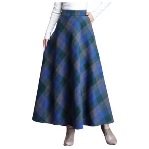KURFACE gonne in lana scozzese ad alta vita elastica gonne lunghe invernali con tasche per le donne, blu scuro, xl
