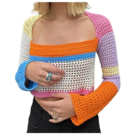 Aststle donne scava fuori crochet knit maglione crop top y2k color block manica lunga estate autunno maglione pullover top streetwear, arancione + blu, s