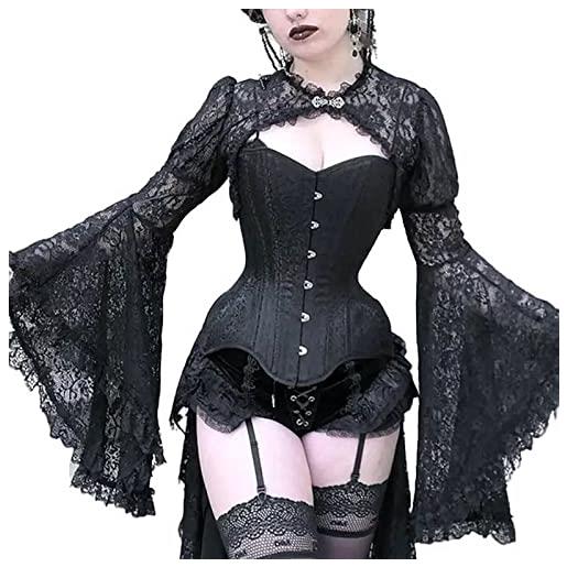 SUYGGCK women's steampunk gothic lace shrug bolero sheer cardigan black goth top corto in rete a maniche lunghe vedi attraverso il costume della camicetta