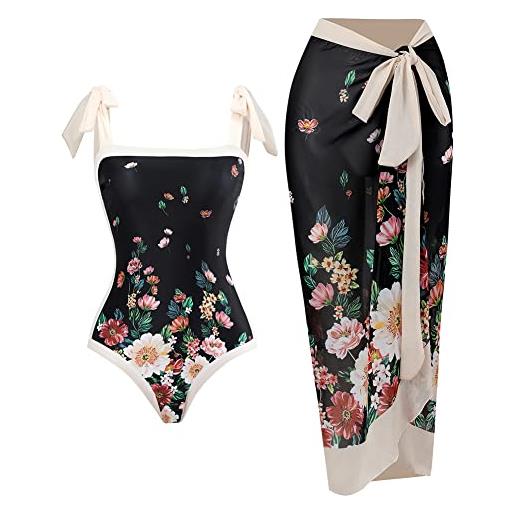 YAOTT costume da bagno donna 2 pezzi set bikini sexy con stampa vintage, spalline regolabili costumi da bagno intero con coprire gonna pareo mare sarong, costume intero con controllo della pancia stilej l