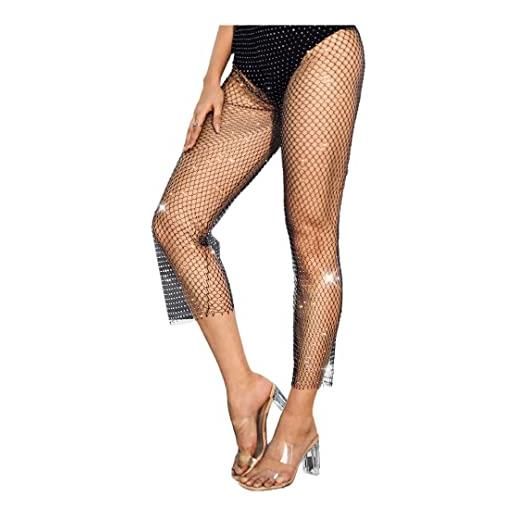 Tsangbaby strass calze a rete pantaloni a rete alla moda sexy vedere attraverso gamba larga leggings in maglia lucida per bar party dress up, nero