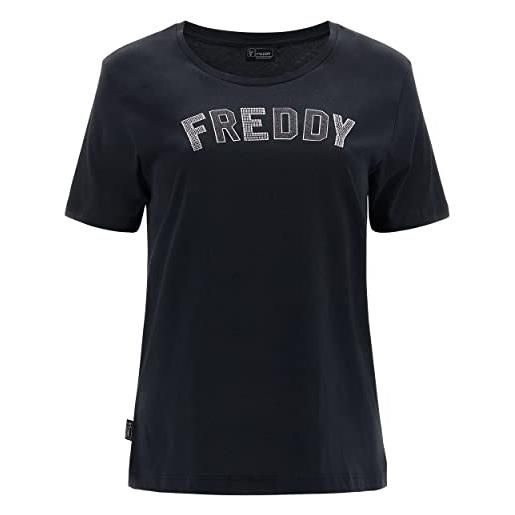FREDDY - t-shirt stampa college in strass cristallo e glitter nero, donna, nero, extra large