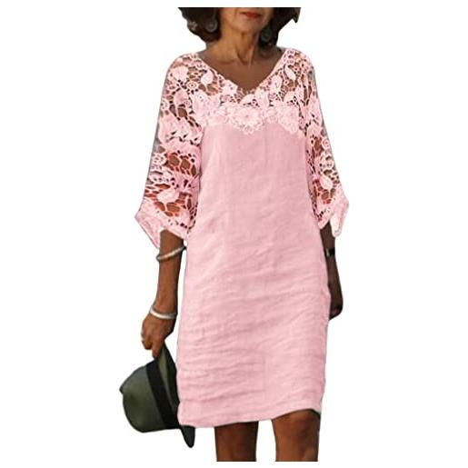 Tomwell vestito donna estivo elegante moda abito ginocchio abito t-shirt vestito donna da spiaggia tinta unita cotone e lino mini abito d rosa xl