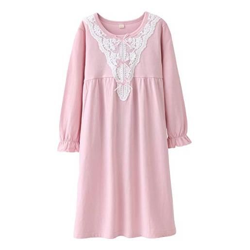 Allmeingeld camicia da notte principessa da ragazza in pizzo 100% cotone da notte per 3-10 anni, pizzo con fiocco piccolo rosa, 3-4 anni