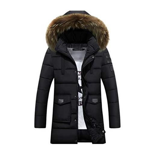 Mengyu uomo casual lungo piumino giacca parka caldo addensare imbottito cappotto con removibile pelliccia sintetica cappuccio nero m