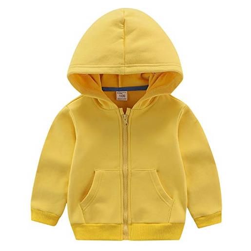 ANIMQUE bambini unisex felpa giacca zip fodera in pile tinta unita cotone termica felpa con cappuccio invernale 1-12 anni, giallo 150