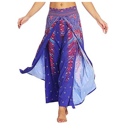 Nuofengkudu donna hippie lunghi pantaloni con spacco gamba larga leggero yoga pantalone traspirante eleganti pilates pants holiday spiaggia estivo(nero etnico, s/m)