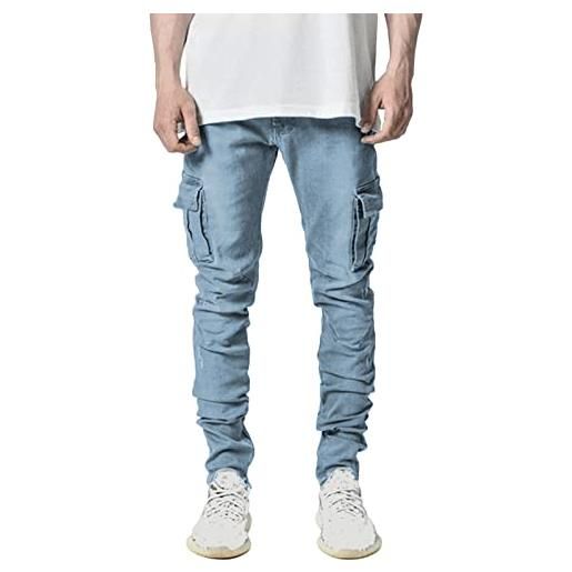 Geagodelia pantaloni da uomo jeans uomini a vita media tasche laterali dimagriscono pantaloni casual tinta unita a pieghe primaverili da strada per feste(blu, m)