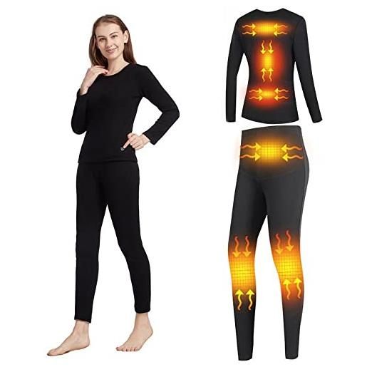 scosao biancheria intima termica riscaldante elettrico usb intimo termico funzionale da donna manica lunga t-shirt e pantaloni set con 3-temperatura per il freddo all'aperto, sci, ciclismo, black, xl