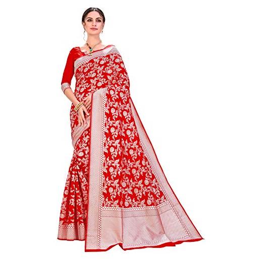 Generic indian bollywood wedding saree banarasi art seta floreale tessuto a mano zari work sari con blusa non stiched pezzo nero, rosso, etichettalia unica