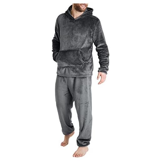 Beokeuioe pigiama invernale da uomo, a maniche lunghe, in pile, set di biancheria da notte, morbido e caldo, con felpa e pantaloni in flanella, a nero 1, m