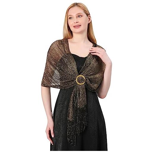 LumiSyne donna scialle stola metallici scintillanti con fibbia ad anello tinta unita glitter nappe a frange foulard lunga leggero stola elegante per abito da sera sposa matrimonio cerimonia festa