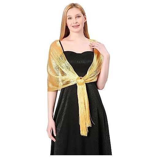 LumiSyne donna scialle stola metallici scintillanti con fibbia ad anello tinta unita glitter nappe a frange foulard lunga leggero stola elegante per abito da sera sposa matrimonio cerimonia festa