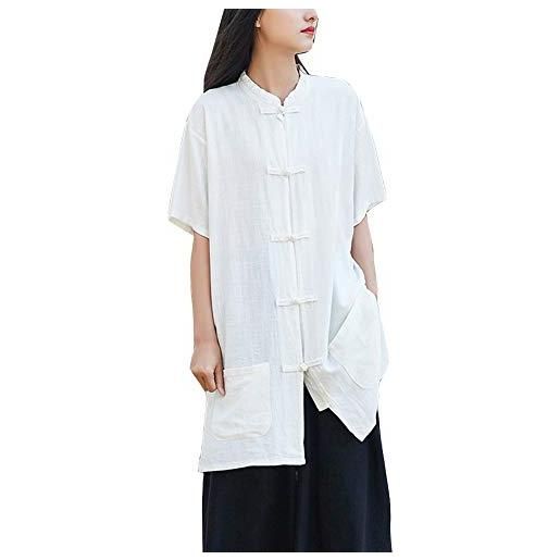 Mengyu donna lino camicia maglietta top stile cinese kung fu tuta tang bianco