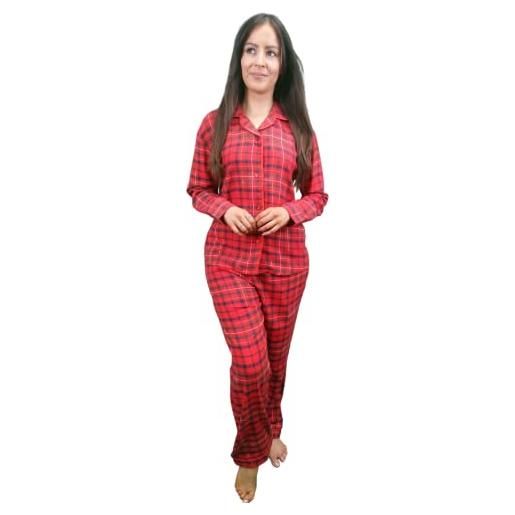 KRUXADER pigiama da donna in morbido cotone spazzolato flanella a quadri scozzesi a maniche lunghe, tartan rosso festivo, 54