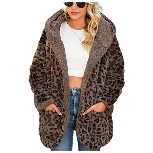 Generic giacca in pile classica donna fit manica lunga morbida cerniera con cappuccio vintage manica lunga cappotto spesso (color: leopard, size: l)