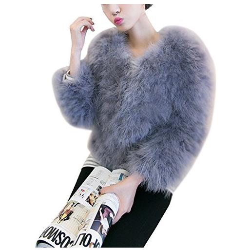 LaoZan donna giacca corto in pelliccia ecologica cappotto invernale elegante giacca corta a maniche lunghe s grigio chiaro