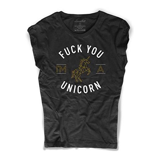 3styler t-shirt donna nera f**k you i'm a unicorn - unicorno arcobaleno rainbow shirt - linea amazink - cotone fiammato (slub) 150 gr/mq (m, nero)
