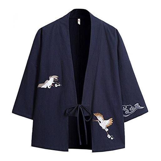 YM YOUMU uomo giapponese kimono camicia causale ricamo delle gru 3/4 maniche estiva t-shirt loose fit cappotto jacket (large, b-nero)