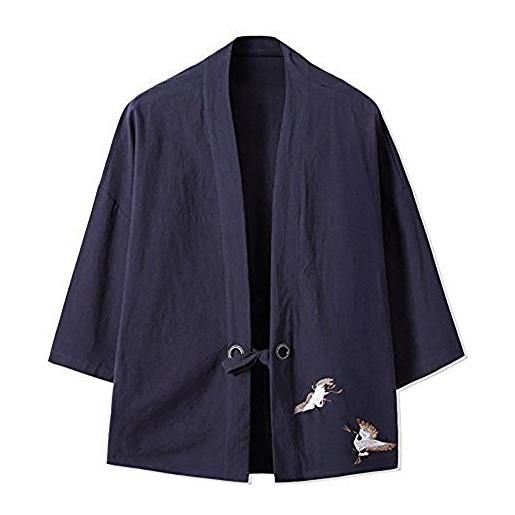 YM YOUMU uomo giapponese kimono camicia causale ricamo delle gru 3/4 maniche estiva t-shirt loose fit cappotto jacket (large, a-brown)