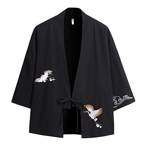 YM YOUMU uomo giapponese kimono camicia causale ricamo delle gru 3/4 maniche estiva t-shirt loose fit cappotto jacket (x-large, b-nero)