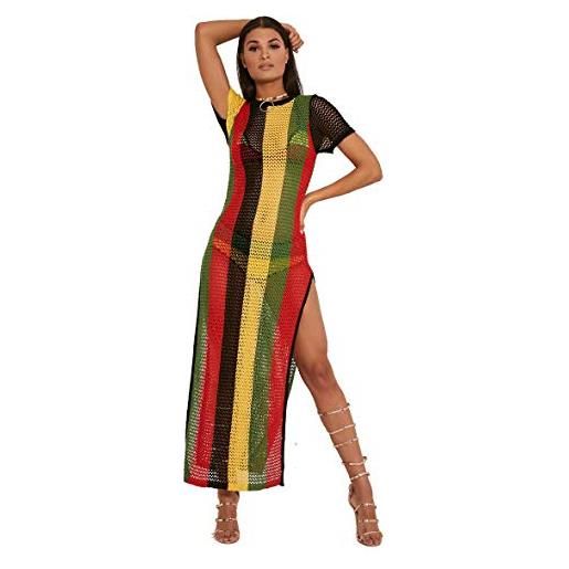 Clossy London 100% cotone egiziano signore rasta giamaicano lavoro lavoro a rete stringa vestito a rete a fessura vedere attraverso multicolore nero rosso verde giallo hip hop dance club dress (s/m)