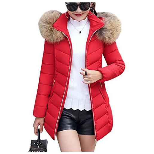 YMING donna giacca lunga parka invernale trapuntato con cappuccio cappotto con colletto in pelliccia ecologica grigio xxs