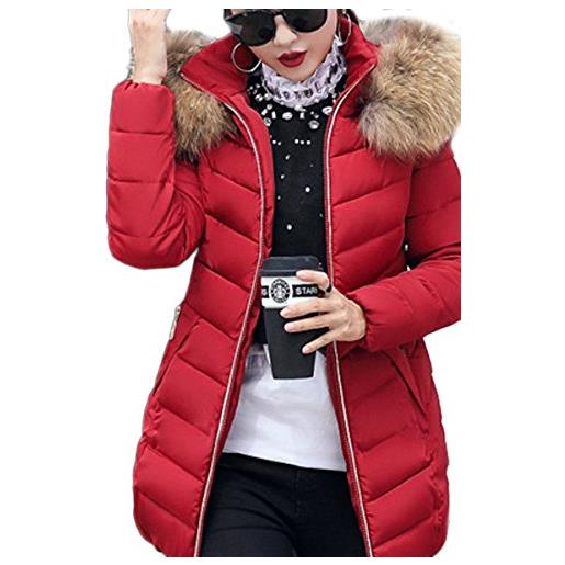 YMING donna giacca lunga con cappuccio in pelliccia sintetica giacca trapuntata giacca invernale foderata calda rosso l