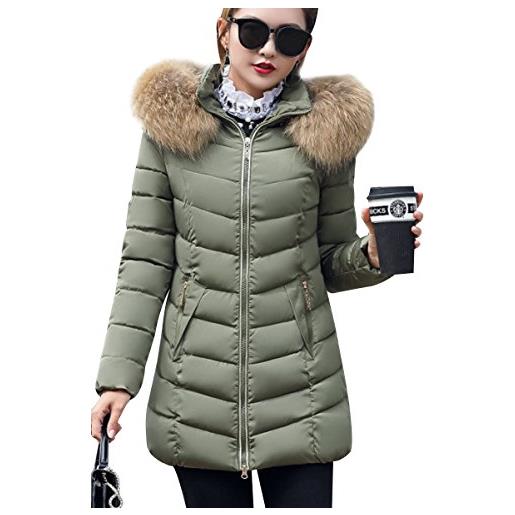 YMING donna giacca lunga parka invernale trapuntato con cappuccio cappotto con colletto in pelliccia ecologica grigio xxs
