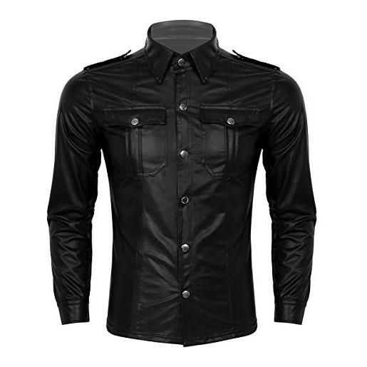 CHICTRY camicia casual in pelle nera da uomo giacca da motociclist biker t-shirt slim fit uniforme punk gotico cappotto camicia per discoteca muscolo partito clubwear nero xxl