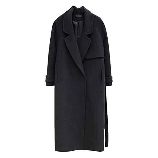 Mornattt sciolto lungo solido cappotti di lana di cachemire delle donne di lana media capp, nero, x-large