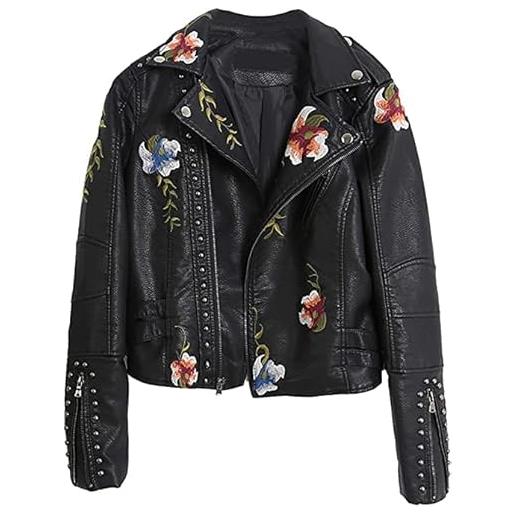 Updays giacca da donna in ecopelle ricamata, giacca da moto in ecopelle ricamata floreale punk da donna, giacca da donna con colletto alla rovescia con cerniera laterale con fiori ricamati in pelle pu (b-l)