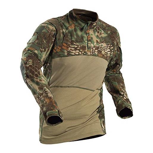 YAOTT camicia tattica da uomo con cerniera, camicia esercito manica lunga slim fit, camicia mimetica da combattimento per airsoft caccia woodland, magliette cotone casual camouflage t-shirt verde 2 3xl