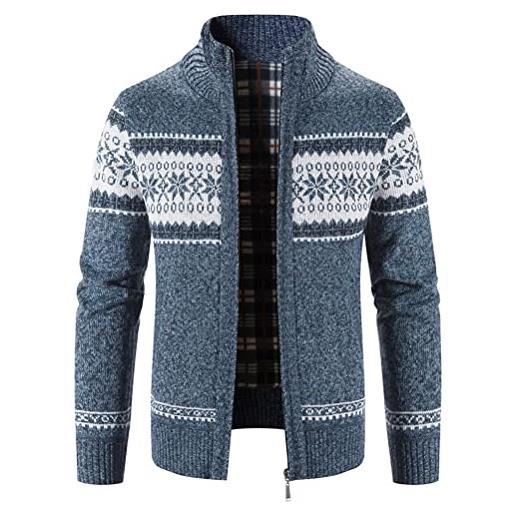 Minetom uomo cardigan cappotto invernale foderato in pile maglione colletto a listino con zip natalizio cardigan con tasche jacket giacca f blu xl