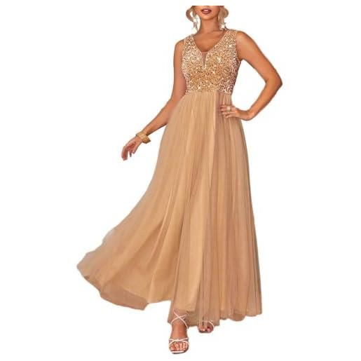 Onsoyours vestiti da cerimonia donna elegante paillettes scollo a v senza maniche maxi abito elegante tulle pizzo chiffon abiti da damigella vestito lungo da sera festa cocktail o oro 44