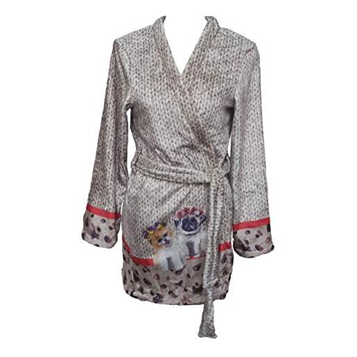 STAR DUST vestaglia con bottone, kimono abito casa donna micropile made in italy (vestaglia kimono dogs beige, s)