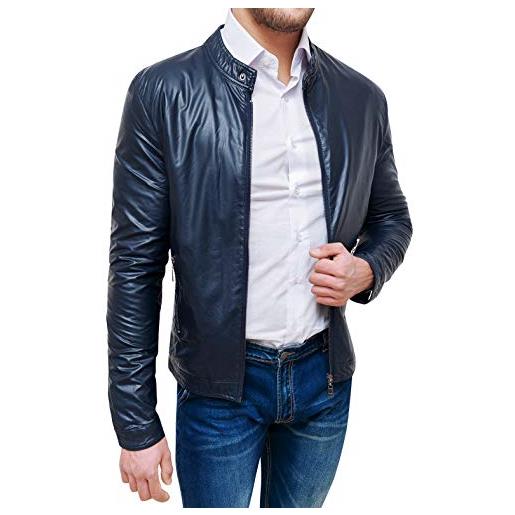 Evoga giubbotto giacca uomo ecopelle blu casual giubbino moto slim fit (xxl)