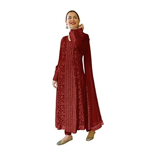 Ethnic Emporium donna indiana paillettes & filo monotone angrakha anarkali georgette musulmano pakistano shalwar suit 1601, rosso, large