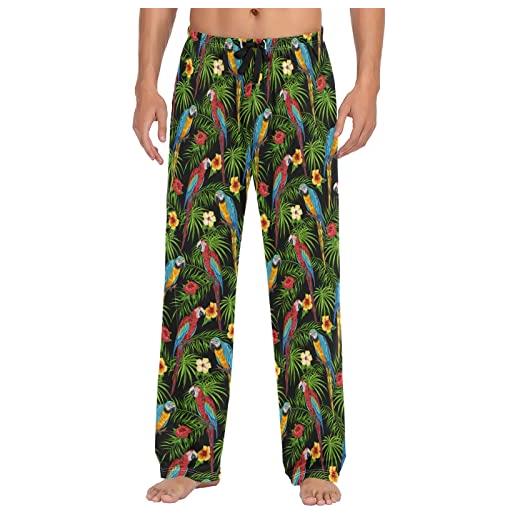 ZZXXB pantaloni da pigiama da uomo con foglie di palma a forma di pappagallo ibisco, vestibilità dritta con tasche s-xxl, nero , l