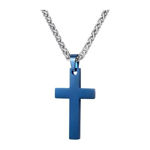 PROSTEEL personalizzione gratis collana pendente con cindolo di croce semplice acciaio inossidabile, catena 55 60 cm, confezione regalo 0, per donna/uomo, color blu