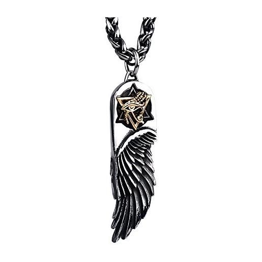 ForFox collana ciondolo ali d'angelo piume con stella di david e occhio di horus in acciaio inossidabile titanio nero per uomo 27 pollici catena
