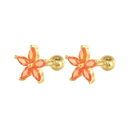Homxi orecchini a bottone donna, 925 orecchino argento donna fiore con zirconia cubica orecchini donna oro arancione
