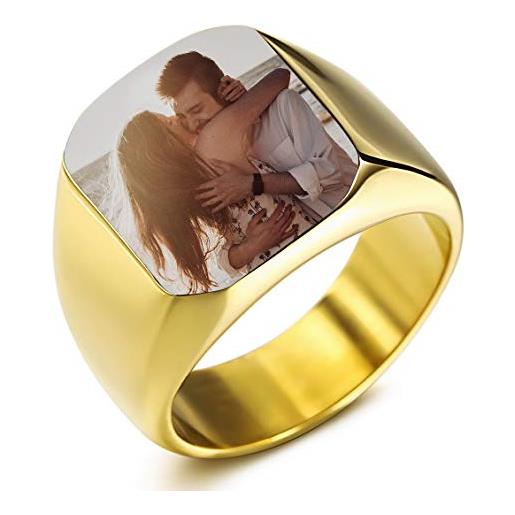 INBLUE personalizzato foto anello con sigillo incisione nero immagine per uomini donne acciaio inossidabile bundle con regolatori della dimensione dell'anello (oro colore)