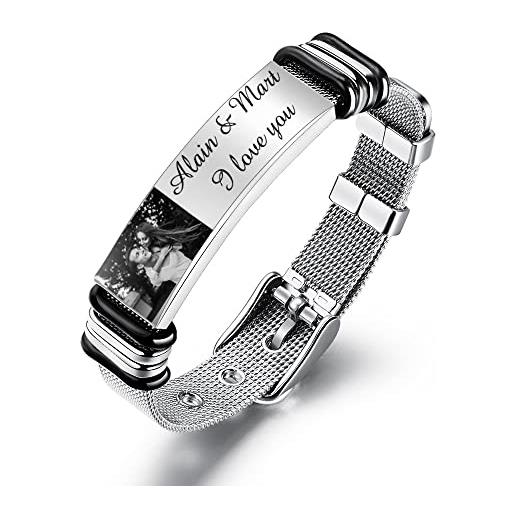ALBERTBAND bracciale personalizzato con incisione foto targhetta identificativa in acciaio nero bracciale regolabile bracciale regolabile per uomo donna san valentino regalo di gioielli (#1foto)