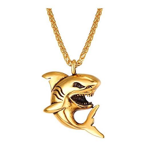 U7 collana pendente di squalo vizioso, placcato oro 18k, catena regolabile 50 55 cm, regalo per ragazzo, cindolo di animale, colore oro, confezione regalo
