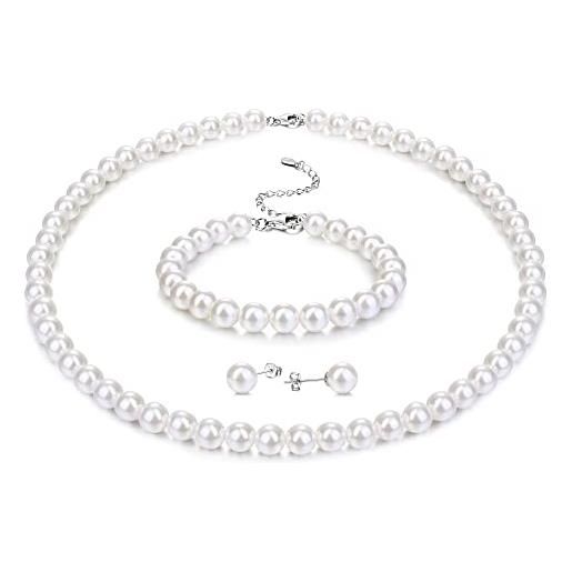 Morfetto collana di perle in argento sterling per donne uomini bianco rotondo simulato shell collana bracciale orecchini 6mm choker collana di perle set per donne ragazze 18in