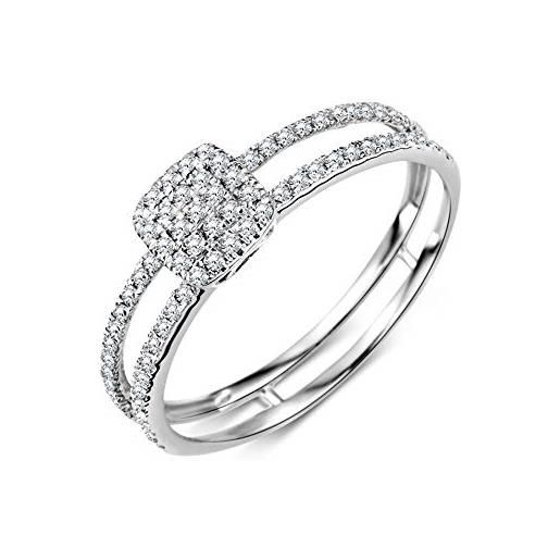 Miore anello da donna con diamanti e pavé, anello di fidanzamento a doppia fila in oro bianco 9 carati/375 diamanti brillanti 0,24 ct, oro, diamante