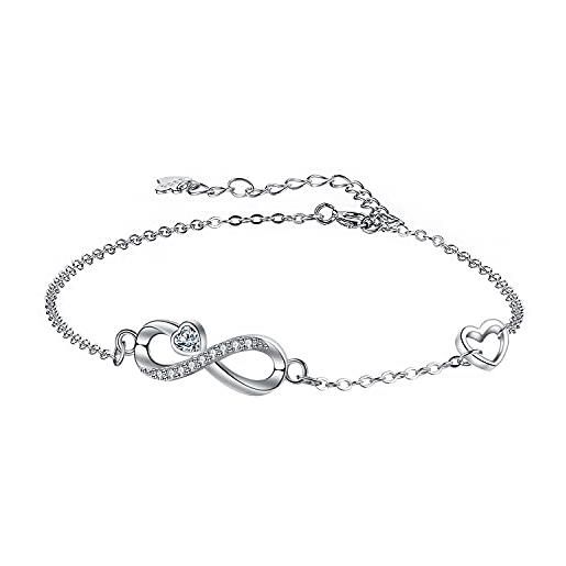 Arrebol bracciale infinito donna argento sterling 925 con cuore zirconi braccialetto con scatola regalo, regolabile 16+4cm